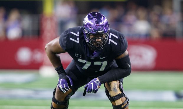ARLINGTON, TX - SEPTEMBER 15: TCU Horned Frogs offensive tackle Lucas Niang (#77) prepares for the ...