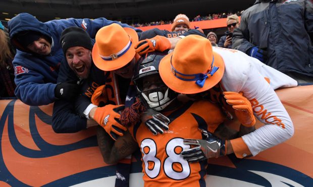 DENVER, CO - OCTOBER 14: Demaryius Thomas (88) of the Denver Broncos celebrates a touchdown with fa...