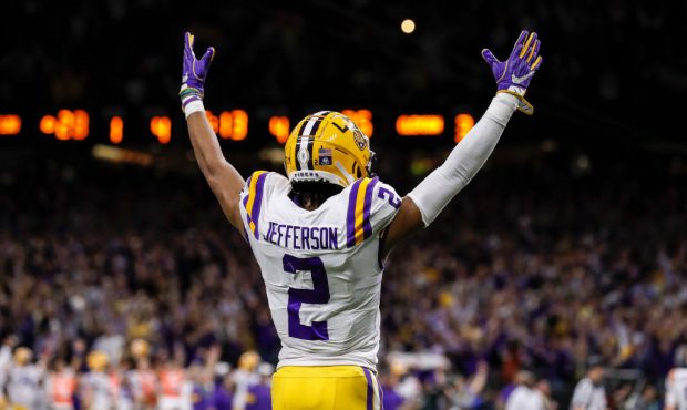 NEW ORLEANS, LA - JANUARY 13: Wide Receiver Justin Jefferson #2 of the LSU Tigers celebrates as the...