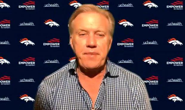 In this still image from video provided by the Denver Broncos, General Manager John Elway speaks vi...