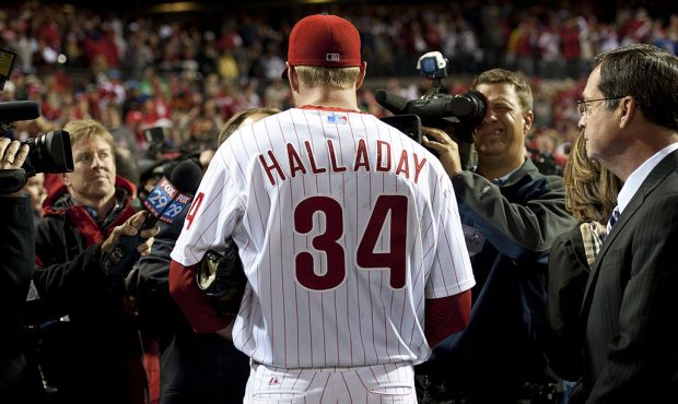 Roy Halladay of the Philadelphia Phillies is interviewed after pitching a no-hitter during Game One...