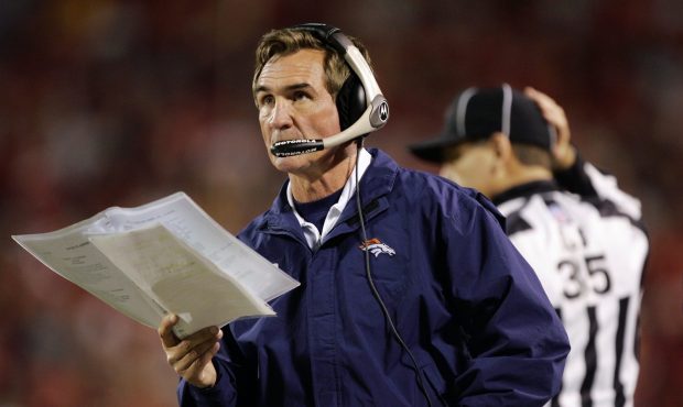 Head coach Mike Shanahan of the Denver Broncos paces the sideline late in the fourth quarter agains...