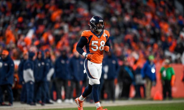 DENVER, CO - DECEMBER 29:  Von Miller #58 of the Denver Broncos runs onto the field during a game a...