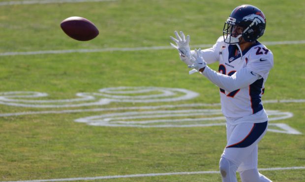Cornerback Bryce Callahan #29 of the Denver Broncos catches a pass during a training session at UCH...