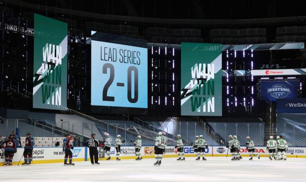EDMONTON, ALBERTA - AUGUST 24: A general view is seen of the video boards after the Dallas Stars de...