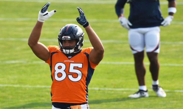 ENGLEWOOD, CO - AUGUST 25 : Denver Broncos tight end Albert Okwuegbunam (85) warms up for the team ...