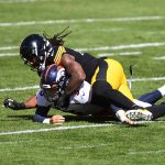Bud Dupree #48 of the Pittsburgh Steelers forces a fumble after hitting Drew Lock #3 of the Denver Broncos during the first quarter at Heinz Field on September 20, 2020 in Pittsburgh, Pennsylvania. 