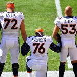  Calvin Anderson #76 joins arms while kneeling for the National Anthem with Garett Bolles #72 and Austin Calitro #53 of the Denver Broncos prior to the game agains the Pittsburgh Steelers at Heinz Field on September 20, 2020 in Pittsburgh, Pennsylvania. (Photo by Joe Sargent/Getty Images)