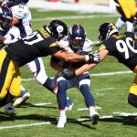 PITTSBURGH, PA - SEPTEMBER 20:  Jeff Driskel #9 of the Denver Broncos is sacked by Cameron Heyward #97 and T.J. Watt #90 of the Pittsburgh Steelers during the second quarter at Heinz Field on September 20, 2020 in Pittsburgh, Pennsylvania. (Photo by Joe Sargent/Getty Images)
