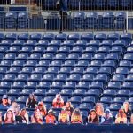 Seats of stands are buckled for unusable at Empower Field at Mile High in Denver, Colorado on Tuesday. September 22, 2020. Sections of stadium are separated into 30 groups limit exposure between fans with each defined area assigned restrooms and concessions for Sept. 27 Denver Broncos game against Tampa Bay Buccaneers. Approximately 5,700 fans are allowed to attend the Week 3 home game. (Photo by Hyoung Chang/MediaNews Group/The Denver Post via Getty Images)