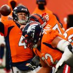 Denver Broncos QB Brett Rypie (4) fumbles in the 4th quarter of the game against Tampa Bay Buccaneers at Empower Field at Mile High in Denver, Colorado on Sunday. September 27, 2020. Tampa Bay won 28-10. (Photo by Hyoung Chang/MediaNews Group/The Denver Post via Getty Images)