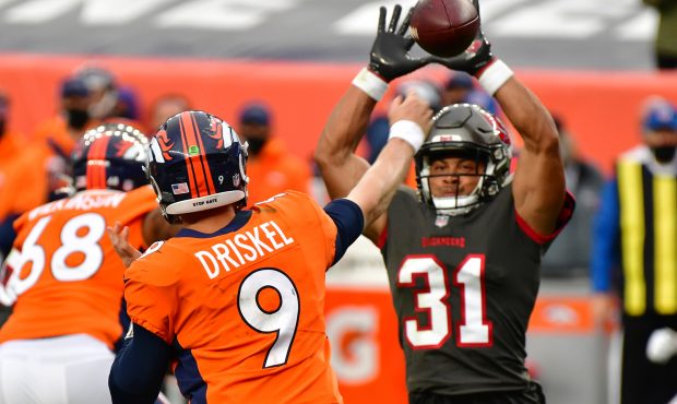 Tampa Bay Buccaneers Safety Justin Simmons (31) blocks pass by Denver Broncos QB Jeff Driskel in th...