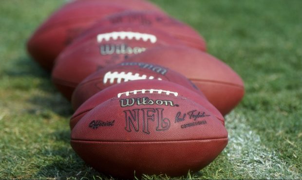 27 Jul 1998: General view of footballs lined up for use during the 1998 Baltimore Ravens Training C...