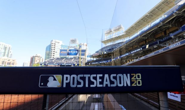 A detail shot fo the dugout railing with the Postseason 2020 logo on it prior to Game 2 of the ALCS...