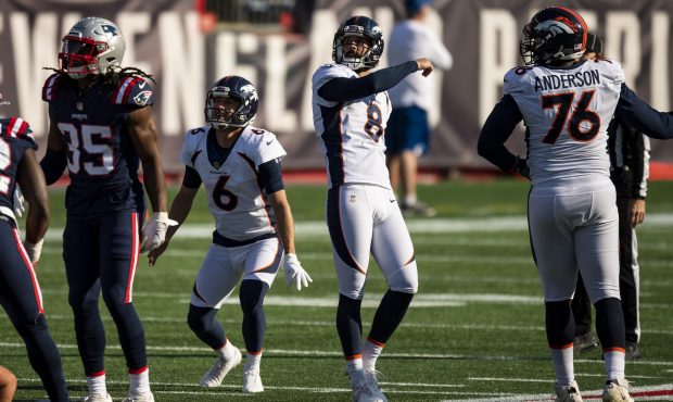 FOXBOROUGH, MA - OCTOBER 18: Brandon McManus #8 of the Denver Broncos kicks a field goal during the...