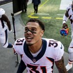 FOXBOROUGH, MA - OCTOBER 18: Justin Simmons #31of the Denver Broncos reacts after a victory gainst the New England Patriots at Gillette Stadium on October 18, 2020 in Foxborough, Massachusetts. (Photo by Billie Weiss/Getty Images)