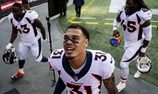 FOXBOROUGH, MA - OCTOBER 18: Justin Simmons #31of the Denver Broncos reacts after a victory gainst ...
