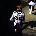 FOXBOROUGH, MA - OCTOBER 18: Phillip Lindsay #30 of the Denver Broncos makes his way onto the field prior to the start of the game against the New England Patriots at Gillette Stadium on October 18, 2020 in Foxborough, Massachusetts. (Photo by Kathryn Riley/Getty Images)