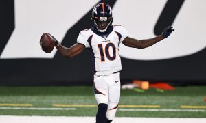 EAST RUTHERFORD, NEW JERSEY - OCTOBER 01: Jerry Jeudy #10 of the Denver Broncos celebrates a touchdown against the New York Jets during the second quarter at MetLife Stadium on October 01, 2020 in East Rutherford, New Jersey. (Photo by Elsa/Getty Images)