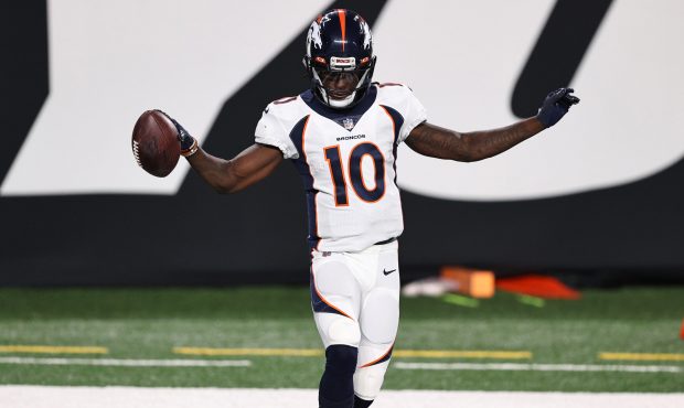 EAST RUTHERFORD, NEW JERSEY - OCTOBER 01: Jerry Jeudy #10 of the Denver Broncos celebrates a touchd...