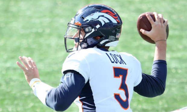 FOXBOROUGH, MASSACHUSETTS - OCTOBER 18:  Drew Lock #3 of the Denver Broncos attempts a pass against...
