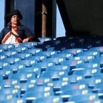 FOXBOROUGH, MASSACHUSETTS - OCTOBER 18:  The New England Patriots mascot sits alone amongst the empty seats during the first half of the game against the Denver Broncos at Gillette Stadium on October 18, 2020 in Foxborough, Massachusetts. (Photo by Maddie Meyer/Getty Images)