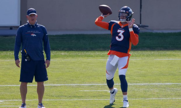 ENGLEWOOD, CO - AUGUST 18:  Quarterback Drew Lock #3 of the Denver Broncos throws a pass on the fie...