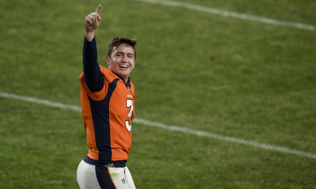 DENVER, CO - NOVEMBER 1: Drew Lock (3) of the Denver Broncos celebrates throwing a game-winning tou...