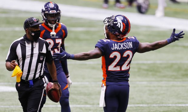 Kareem Jackson #22 of the Denver Broncos argues a call during the second half against the Atlanta F...