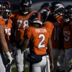 DENVER, CO - NOVEMBER 29: Kendall Hinton (2) of the Denver Broncos huddles the offense against the New Orleans Saints during the first half on Sunday, November 29, 2020. (Photo by AAron Ontiveroz/MediaNews Group/The Denver Post via Getty Images)