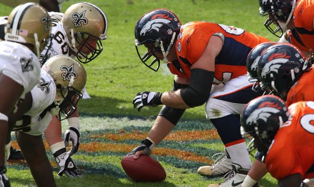 DENVER, CO - SEPTEMBER 21: A general view of the line of scrimmage during a game between New Orlean...