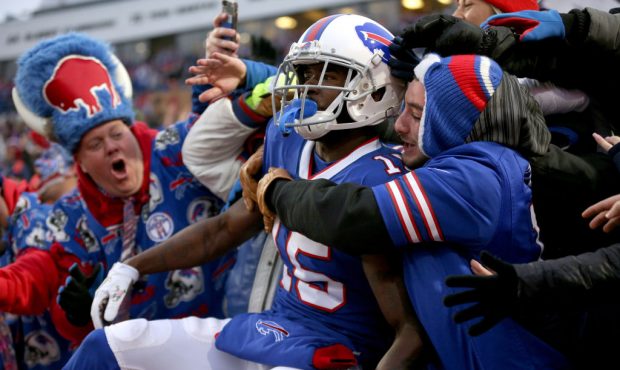 ORCHARD PARK, NEW YORK - NOVEMBER 24: John Brown #15 of the Buffalo Bills celebrates with fans afte...