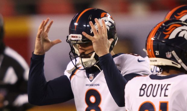 KANSAS CITY, MISSOURI - DECEMBER 06: Brandon McManus #8 of the Denver Broncos reacts after missing ...