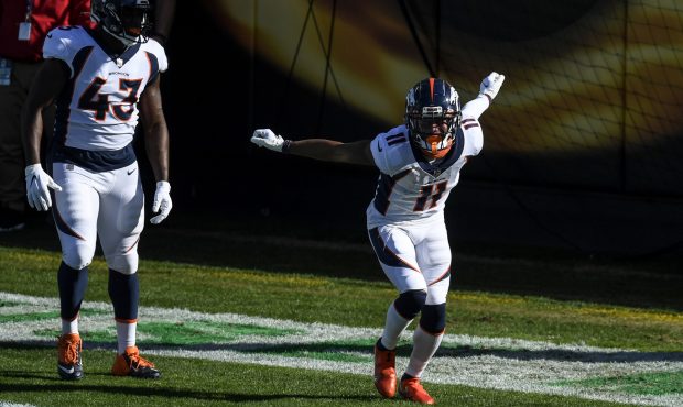 CHARLOTTE, NC - DECEMBER 13: Diontae Spencer (11) of the Denver Broncos celebrates returning a punt...