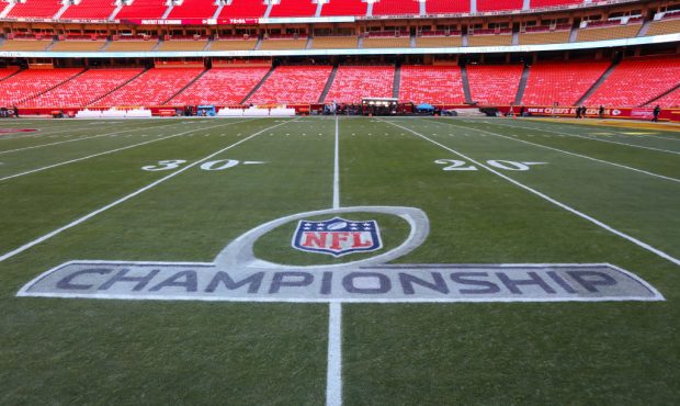 KANSAS CITY, MO - JANUARY 19: A view of the NFL Championship logo on the field before the AFC Champ...