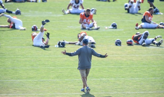 ENGLEWOOD, CO - AUGUST 20: Head coach Vic Fangio of the Denver Broncos walks on the field as Denver...