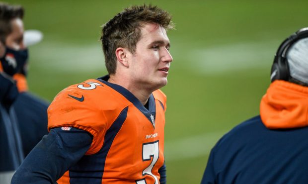 DENVER, CO - JANUARY 03: Denver Broncos quarterback Drew Lock (3) stands in the bench area during a...