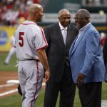 Left to right: Albert Pujols, Frank Robinson and Hank Aaron greet each other prior to the 2010 Major League Baseball Civil Rights Game between the St. Louis Cardinals and the Cincinnati Reds on Saturday, May 15, 2010, at Great American Ballpark in Cincinnati, Ohio.  The Reds defeated the Cardinals 4-3. (Photo by John Grieshop/MLB via Getty Images)