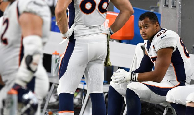 LAS VEGAS, CO - NOVEMBER 15: Denver Broncos tight end Noah Fant (87) sits on the bench with just a ...