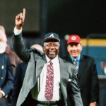 Hank Aaron is honored at the Major League Baseball All-Century Team presentation during Game Two of the World Series between the Atlanta Braves and the New York Yankees on October 24, 1999 at Turner Field in Atlanta, Georgia. (Photo by Sporting News via Getty Images via Getty Images)