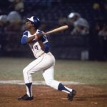 Hall of famer Hank Aaron of the Atlanta Braves swings at the ball.  (Photo by Focus On Sport/Getty Images)