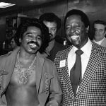 Singers/Songwriters "Godfather of Soul" James Brown with Sports Legend "Hammerin" Hank Aaron attend Former Governor of Georgia Jimmy Carter's fundraiser for his 1976 Presidential run at Royal Coach Inn Atlanta Georgia February 14, 1976  (Photo By Rick Diamond/Getty Images)