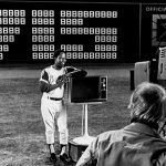 Hank Aaron #44 of the Atlanta Braves tapes a television commercial for Magnavox as he signed a million dollar contract to tape the commercial as he is two home runs shy of Babe Ruth's record of 714 on February 12, 1974 at Atlanta Stadium in Atlanta, Georgia.  (Photo by Bruce Bennett Studios via Getty Images Studios/Getty Images)