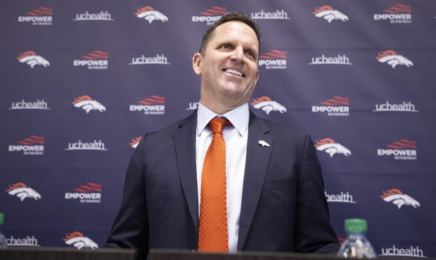 Denver Broncos general manager George Paton during a press conference at UCHealth Training Center i...