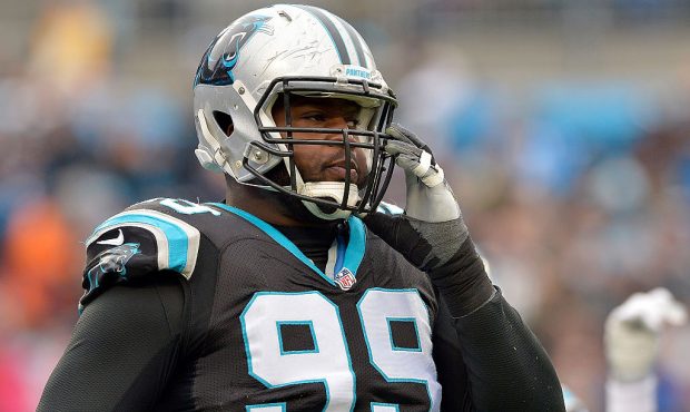 CHARLOTTE, NC - DECEMBER 11: Kawann Short #99 of the Carolina Panthers looks on after a play agains...