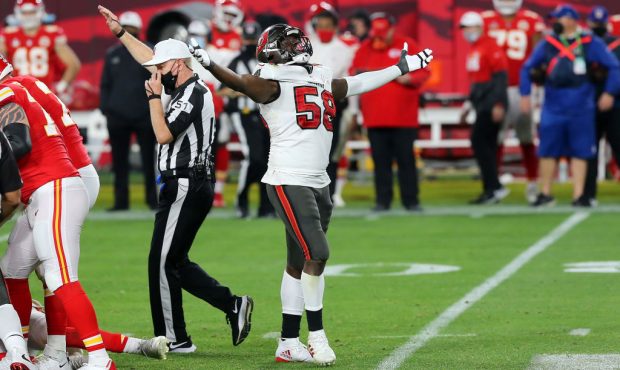 TAMPA, FL - FEBRUARY 07: Shaquil Barrett (58) of the Tampa Bay Buccaneers celebrates a sack during ...