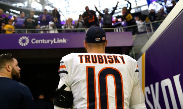 MINNEAPOLIS, MN - DECEMBER 29: Mitchell Trubisky #10 of the Chicago Bears exits the field after the...