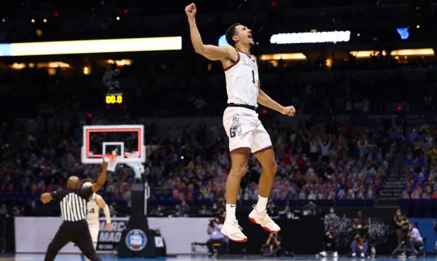 INDIANAPOLIS, INDIANA - APRIL 03: Jalen Suggs #1 of the Gonzaga Bulldogs celebrates after making th...