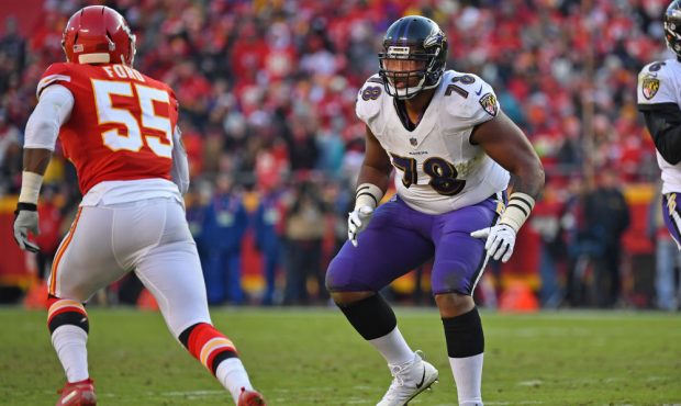 KANSAS CITY, MO - DECEMBER 09:  Offensive tackle Orlando Brown #78 of the Baltimore Ravens gets set...