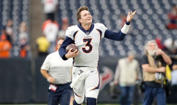 HOUSTON, TX - DECEMBER 08: Drew Lock #3 of the Denver Broncos celebrates as he heads to the locker ...